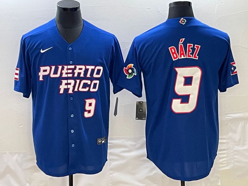 Men 2023 World Cub Puerto Rico #9 Baez Blue Nike MLB Jersey7